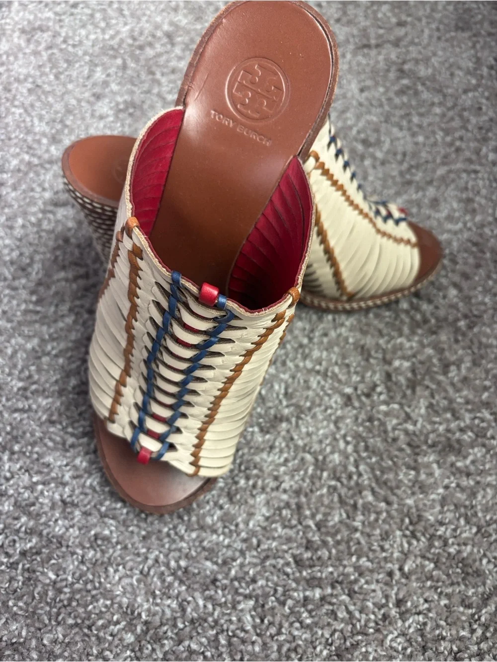 Tory Burch Cream Braided Leather Mules with Navy & Red Accents